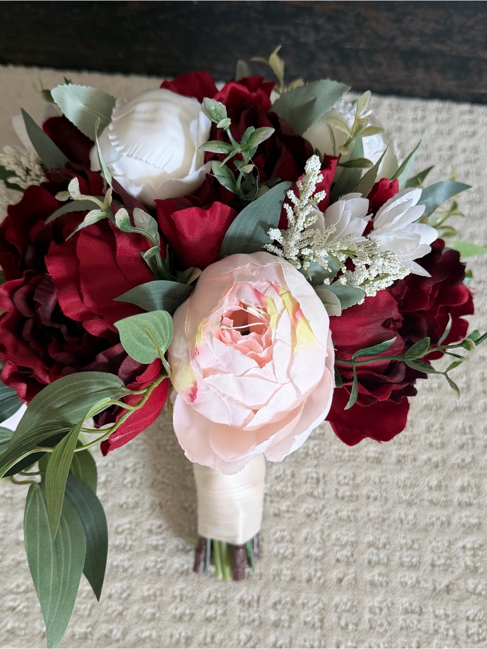 Wedding Bridal Bouquet - Blush Pink, Ivory & Burgundy Peonies